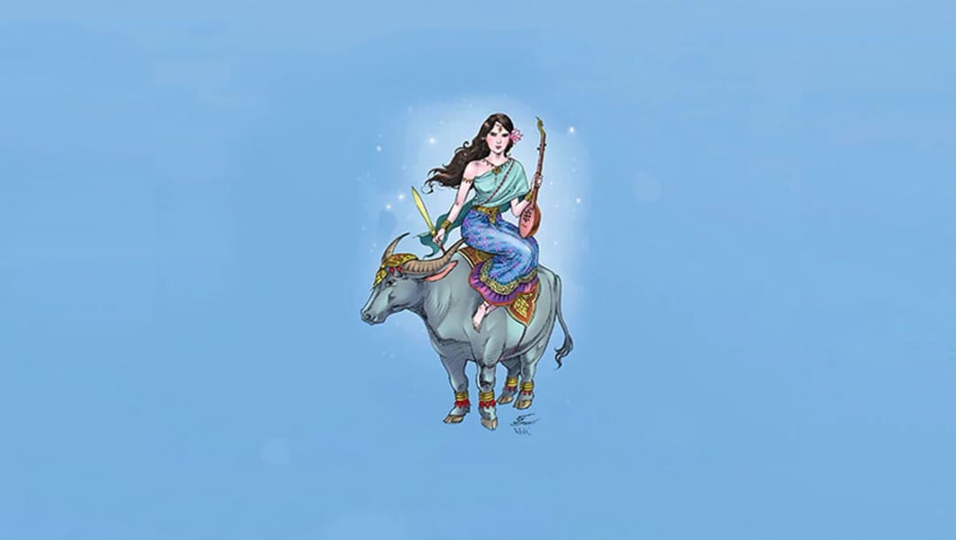 นางสงกรานต์ 2566 ทรงนามว่า ‘กิมิทาเทวี’ ทรงพาหุรัดทัดดอกจงกลนี เสด็จนั่งมาเหนือหลังมหิงสา