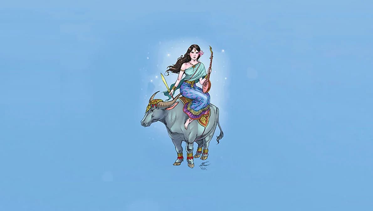 นางสงกรานต์ 2566 ทรงนามว่า ‘กิมิทาเทวี’ ทรงพาหุรัดทัดดอกจงกลนี เสด็จนั่งมาเหนือหลังมหิงสา