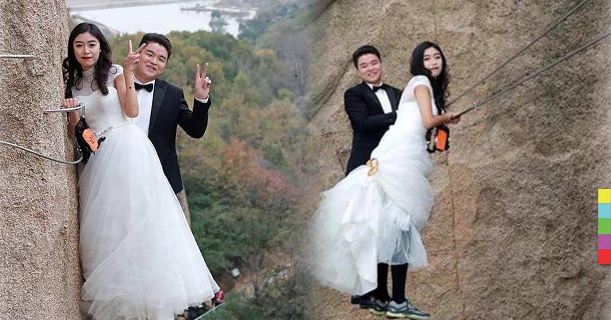 ใจกล้า! คู่รักจีน ปีนผาถ่ายพรีเวดดิ้ง