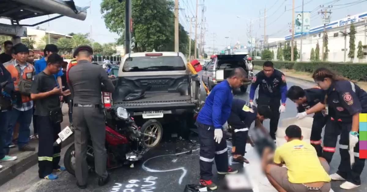 หนุ่มชัยภูมิ ซิ่ง จยย. เสยท้ายกระบะสาวดับคาที่