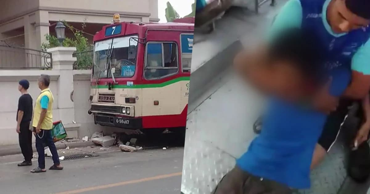 หนุ่มสติไม่ดี แอบขโมยรถเมล์สาย 7 ขับซิ่งชนรั้วบ้านพังยับ