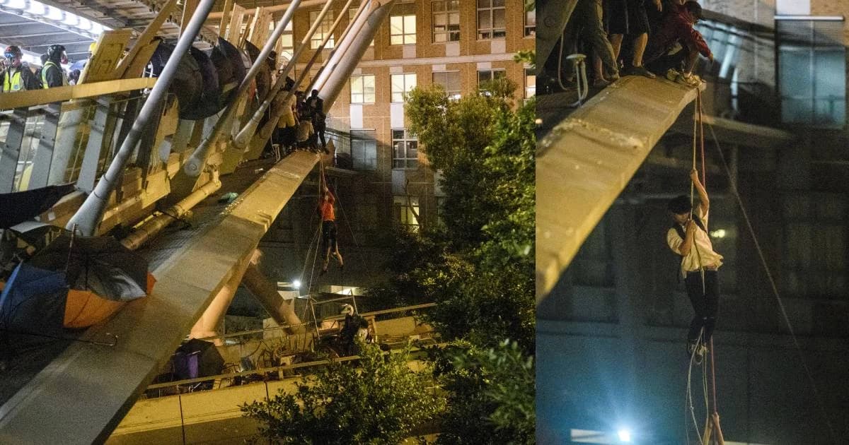 ต้านไม่ไหว! ม็อบฮ่องกงแตกกระเจิง โรยตัวหนี หลังถูกกระชับพื้นที่ ถูกยิงเจ็บ 3 คน